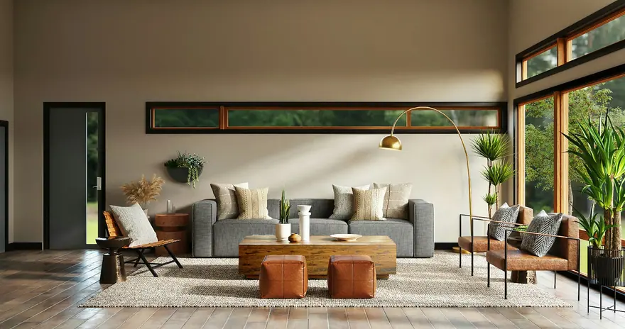 Living room with a grey sofa, wooden tables and tall windows